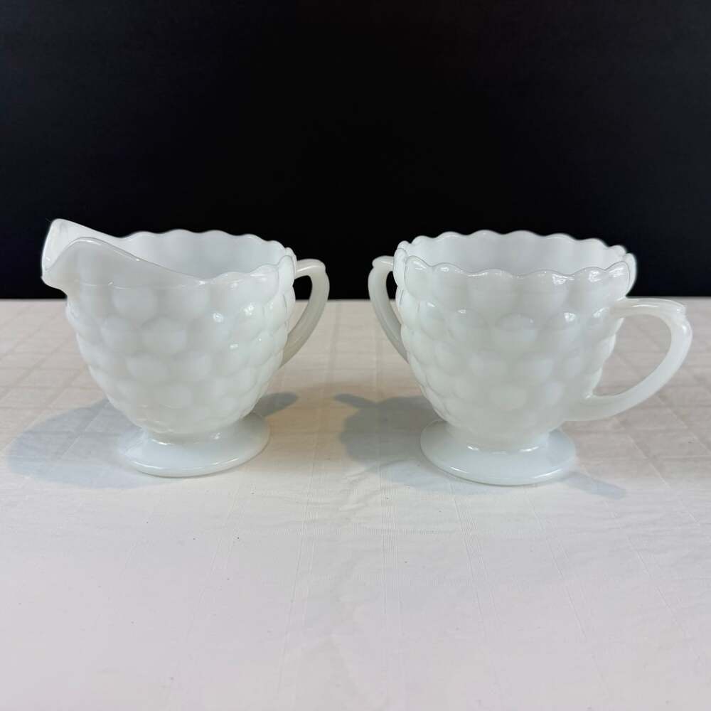 Vintage Anchor Hocking Depression Era Hobnail Milk Glass Creamer and Sugar Set
